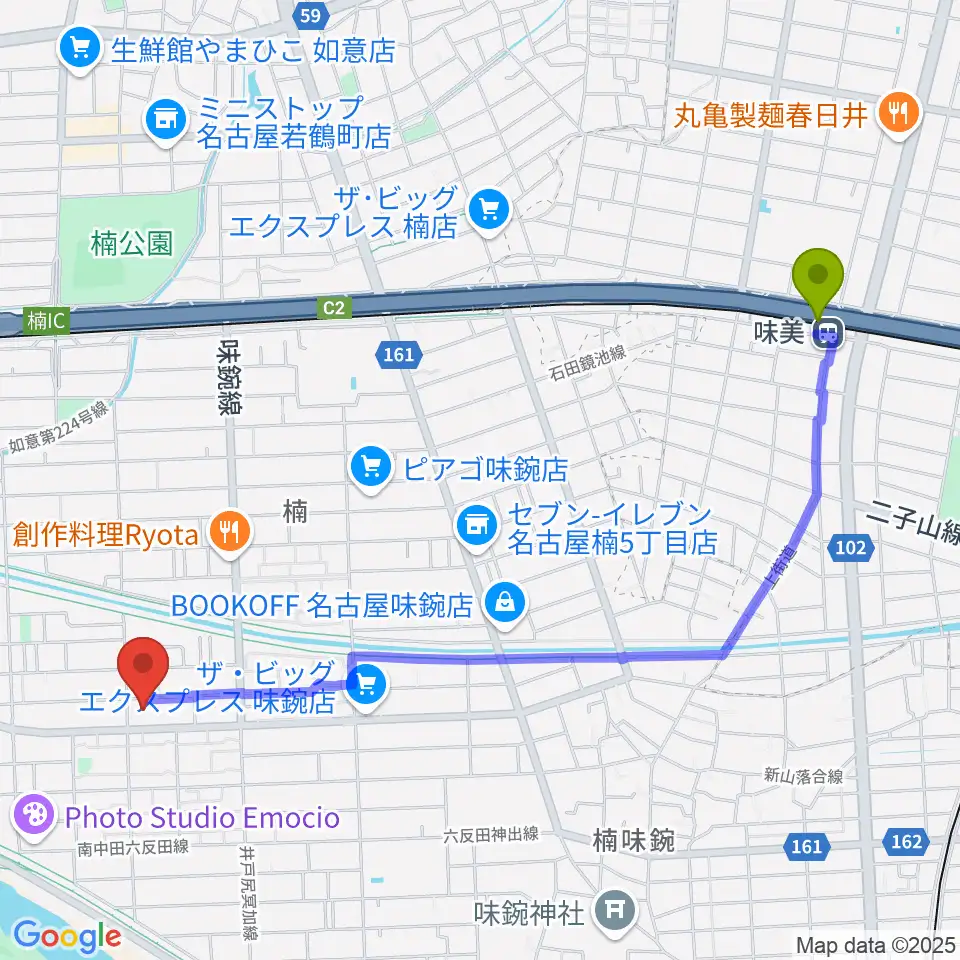 味鋺音楽センター ヤマハミュージックの最寄駅味美駅からの徒歩ルート（約25分）地図