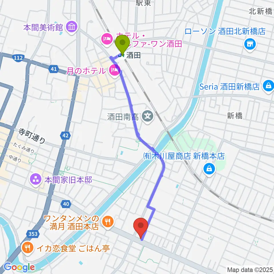サトウピアノアカデミーの最寄駅酒田駅からの徒歩ルート（約20分）地図