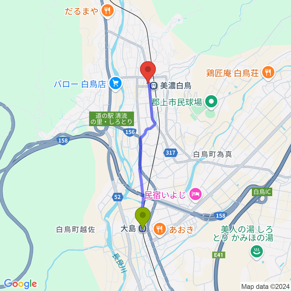 大島駅から上田楽器店へのルートマップ地図