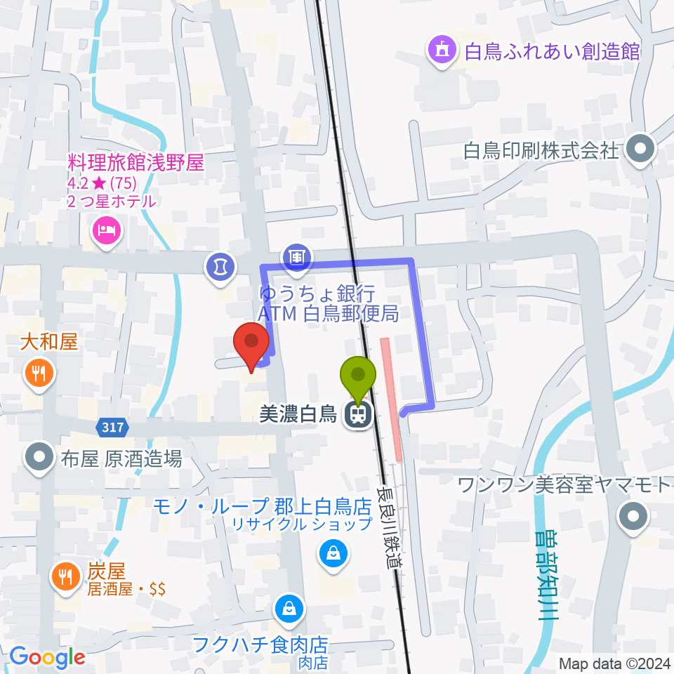 上田楽器店の最寄駅美濃白鳥駅からの徒歩ルート（約1分）地図