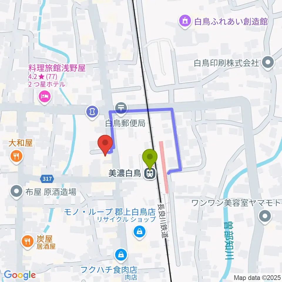 上田楽器店の最寄駅美濃白鳥駅からの徒歩ルート（約1分）地図