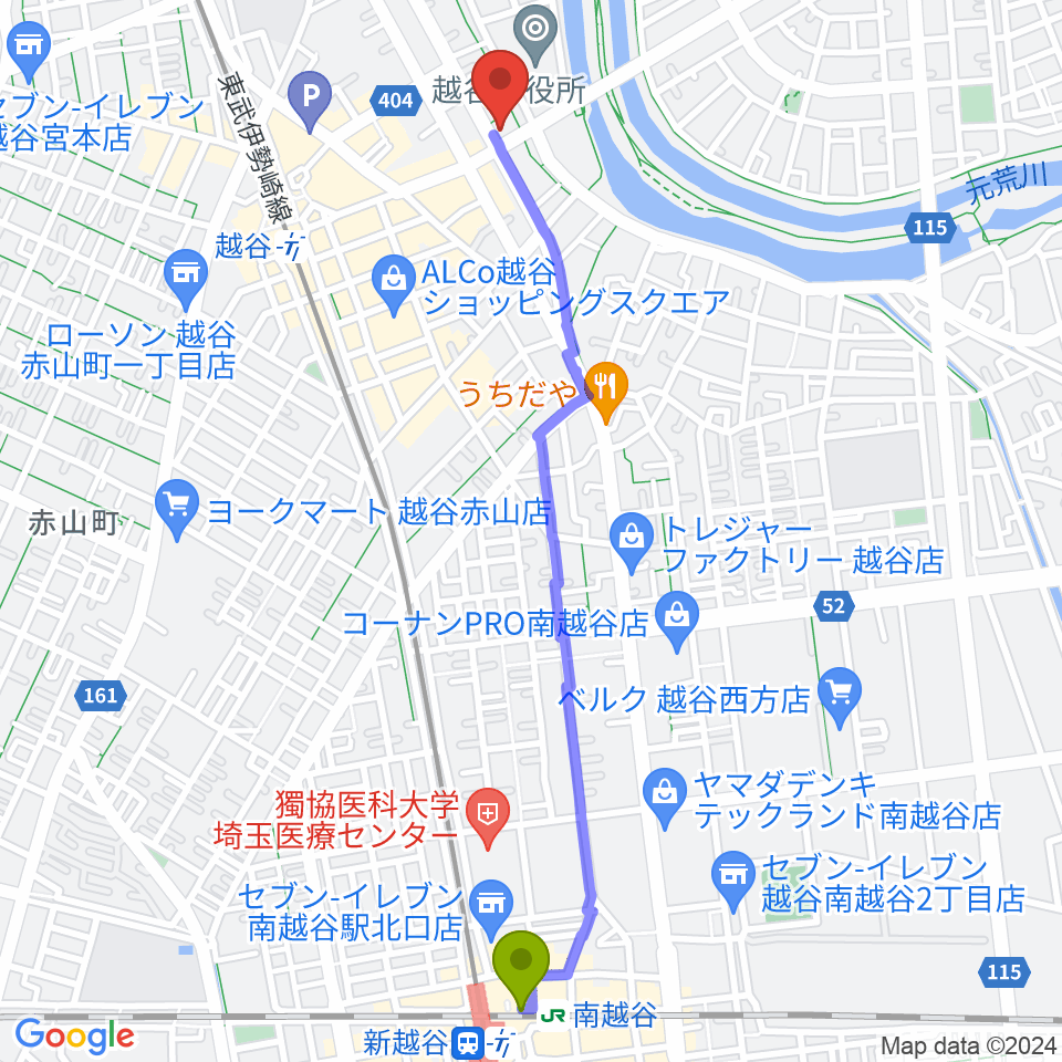 南越谷駅から和幸楽器 越谷店へのルートマップ地図