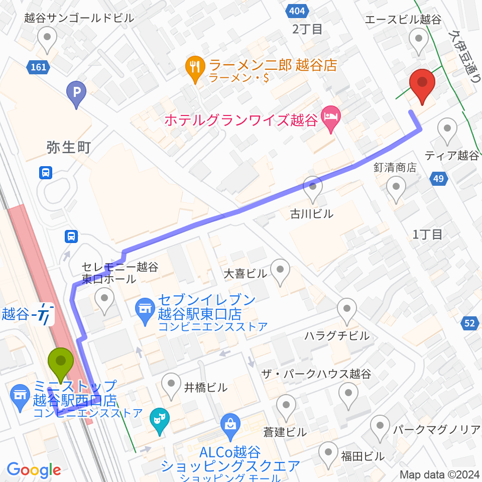 和幸楽器 越谷店の最寄駅越谷駅からの徒歩ルート（約7分）地図