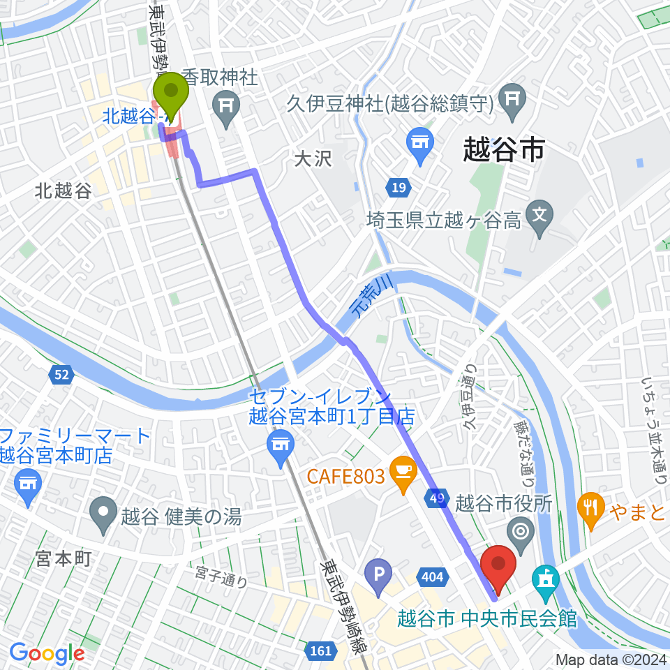 北越谷駅から和幸楽器 越谷店へのルートマップ地図
