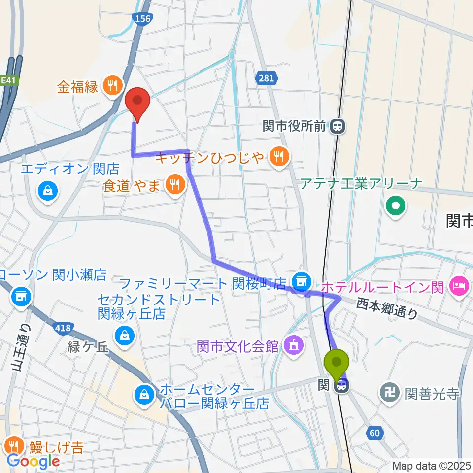 関駅から石原楽器工房へのルートマップ地図