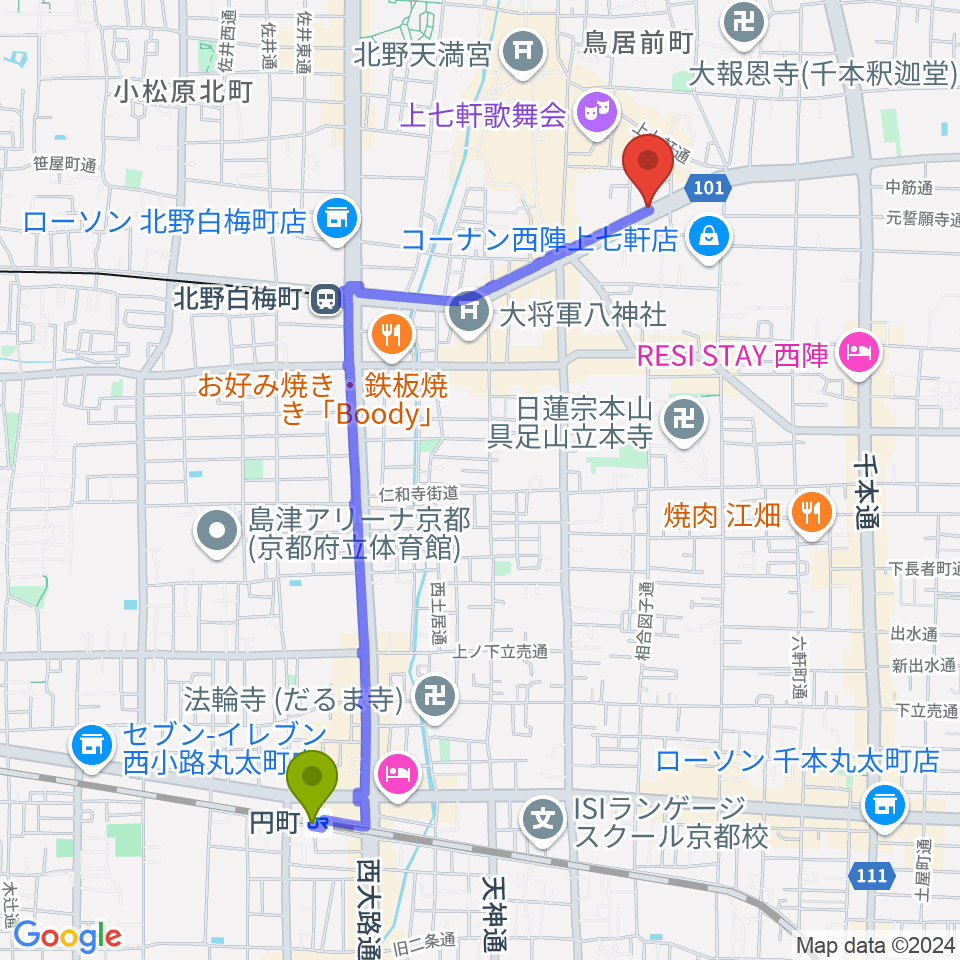 円町駅から上手楽器へのルートマップ地図