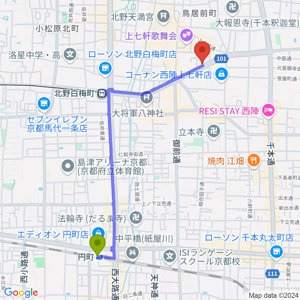 円町駅から上手楽器へのルートマップ地図