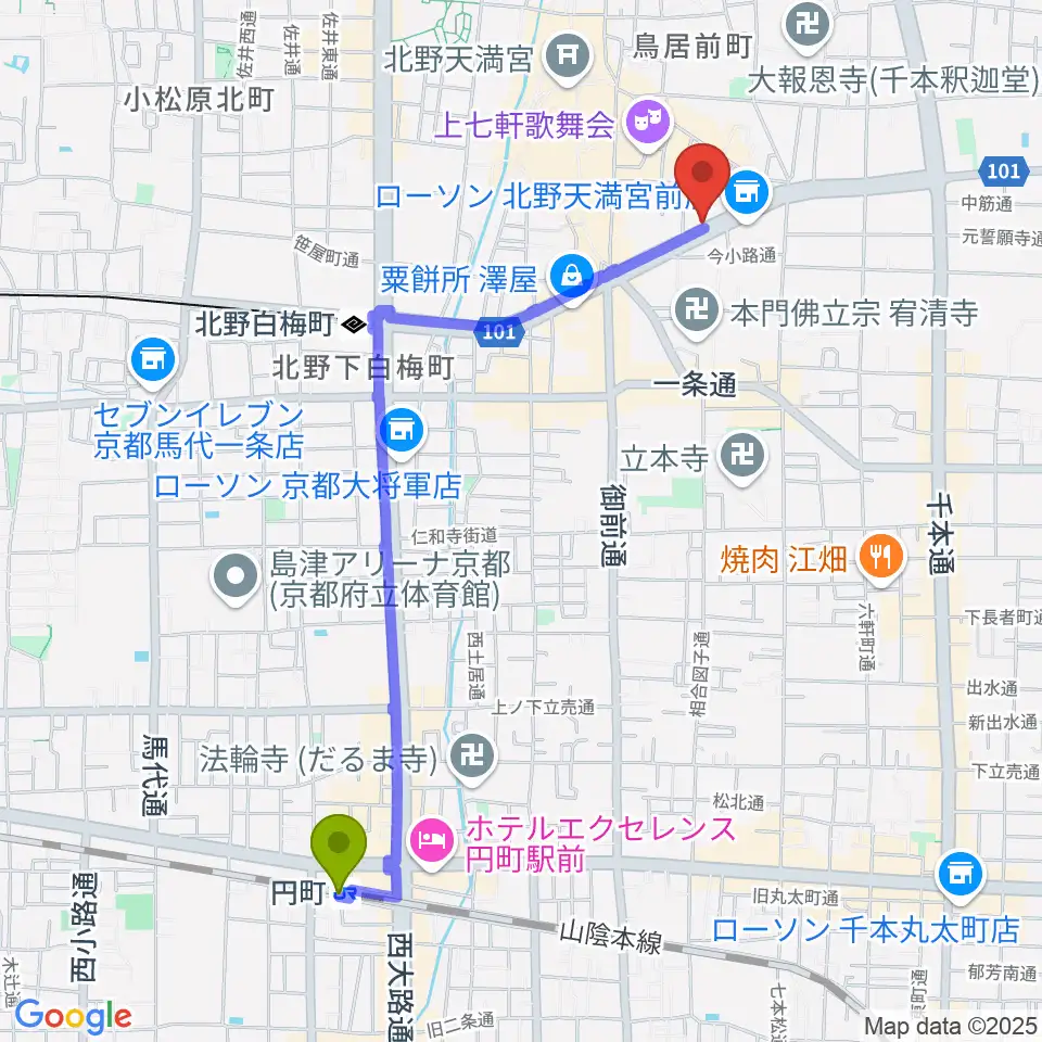 円町駅から上手楽器へのルートマップ地図