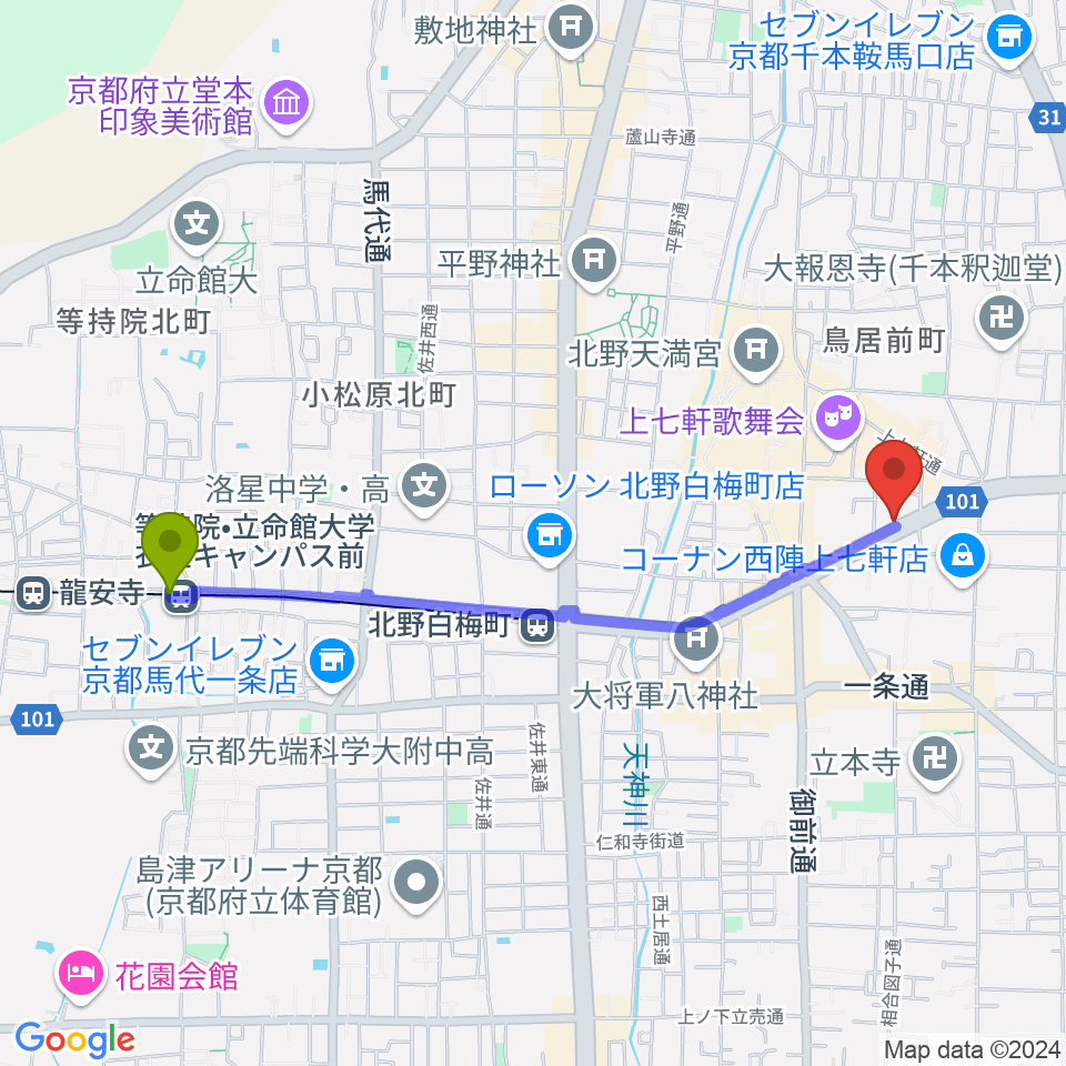 等持院駅から上手楽器へのルートマップ地図