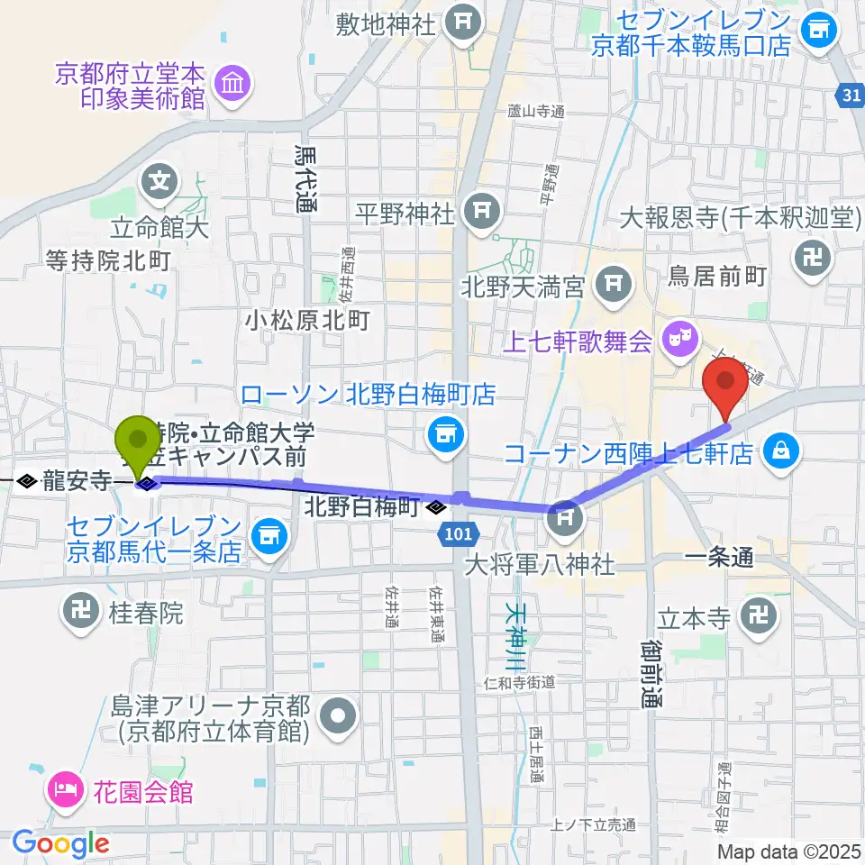 等持院駅から上手楽器へのルートマップ地図