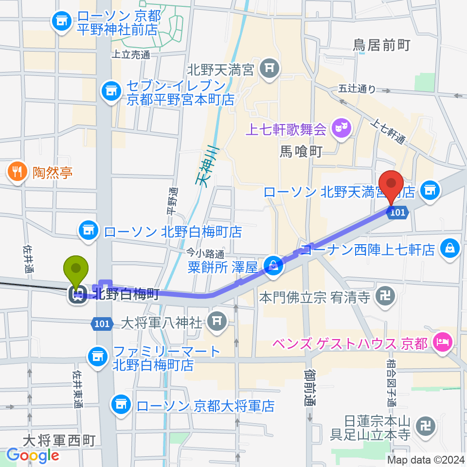 上手楽器の最寄駅北野白梅町駅からの徒歩ルート（約11分）地図