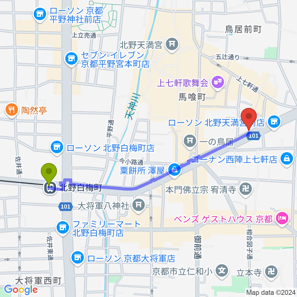 上手楽器の最寄駅北野白梅町駅からの徒歩ルート（約11分）地図