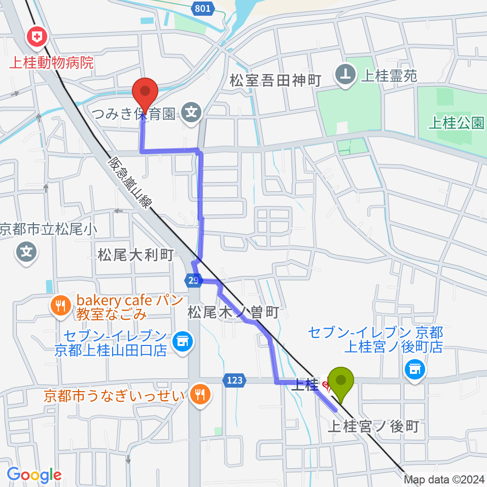 上桂駅から有限会社 永野ピアノへのルートマップ地図