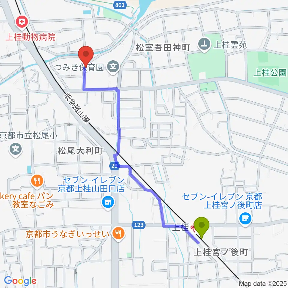 上桂駅から有限会社 永野ピアノへのルートマップ地図