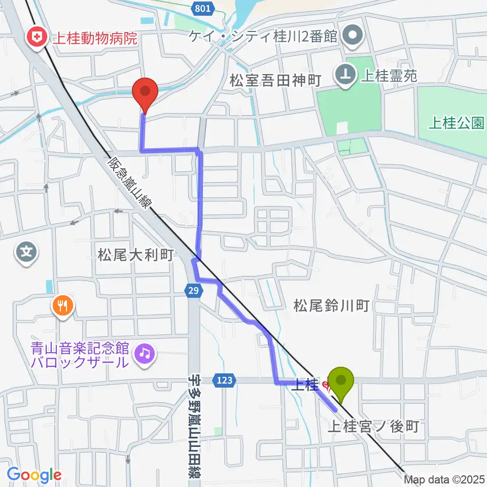 上桂駅から有限会社 永野ピアノへのルートマップ地図