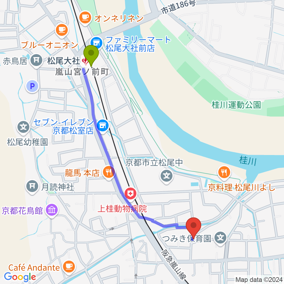 有限会社 永野ピアノの最寄駅松尾大社駅からの徒歩ルート（約11分）地図