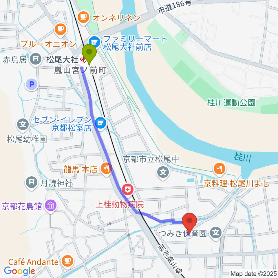 有限会社 永野ピアノの最寄駅松尾大社駅からの徒歩ルート（約11分）地図