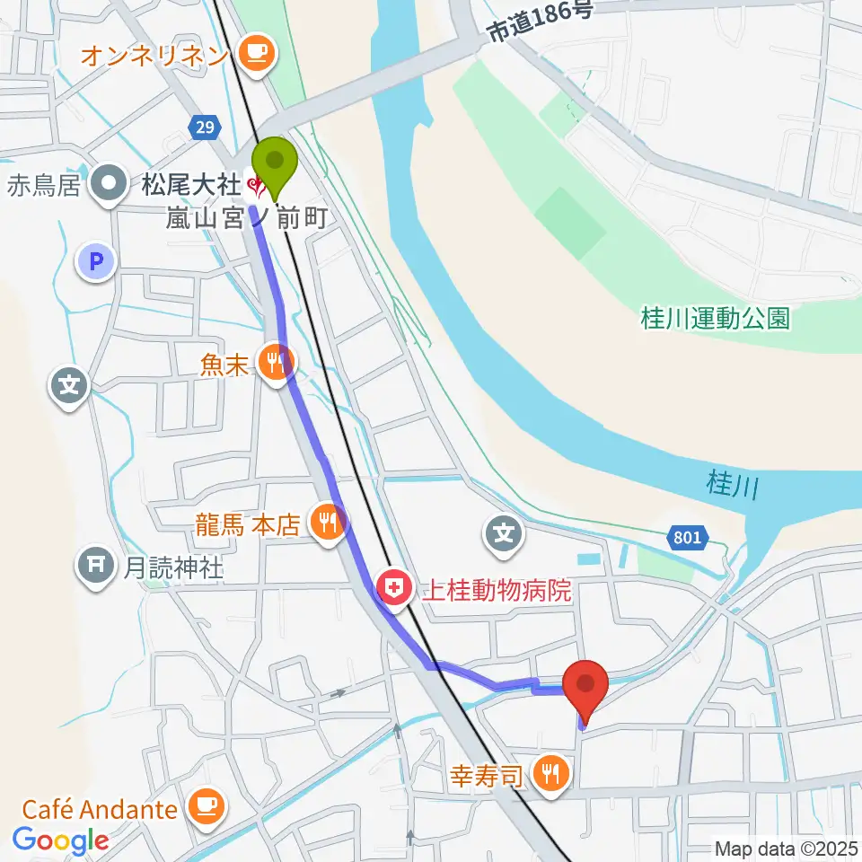 有限会社 永野ピアノの最寄駅松尾大社駅からの徒歩ルート（約11分）地図