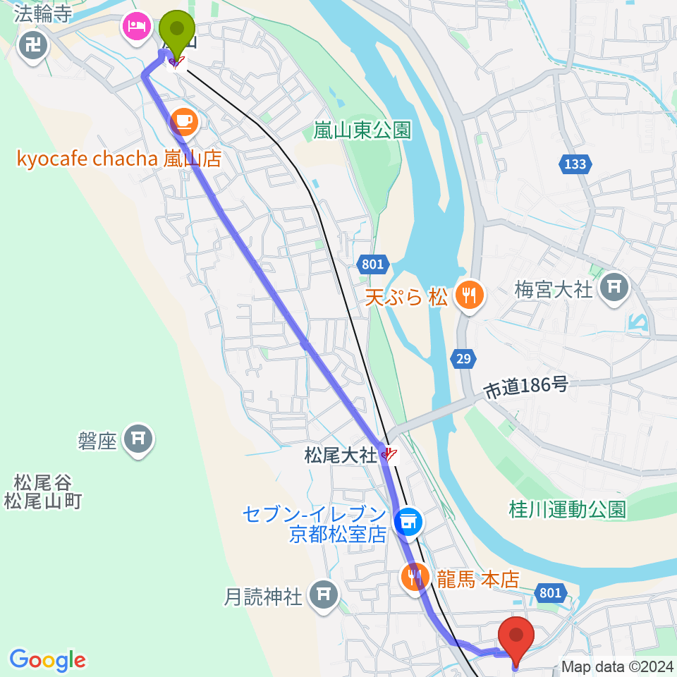 嵐山駅から有限会社 永野ピアノへのルートマップ地図