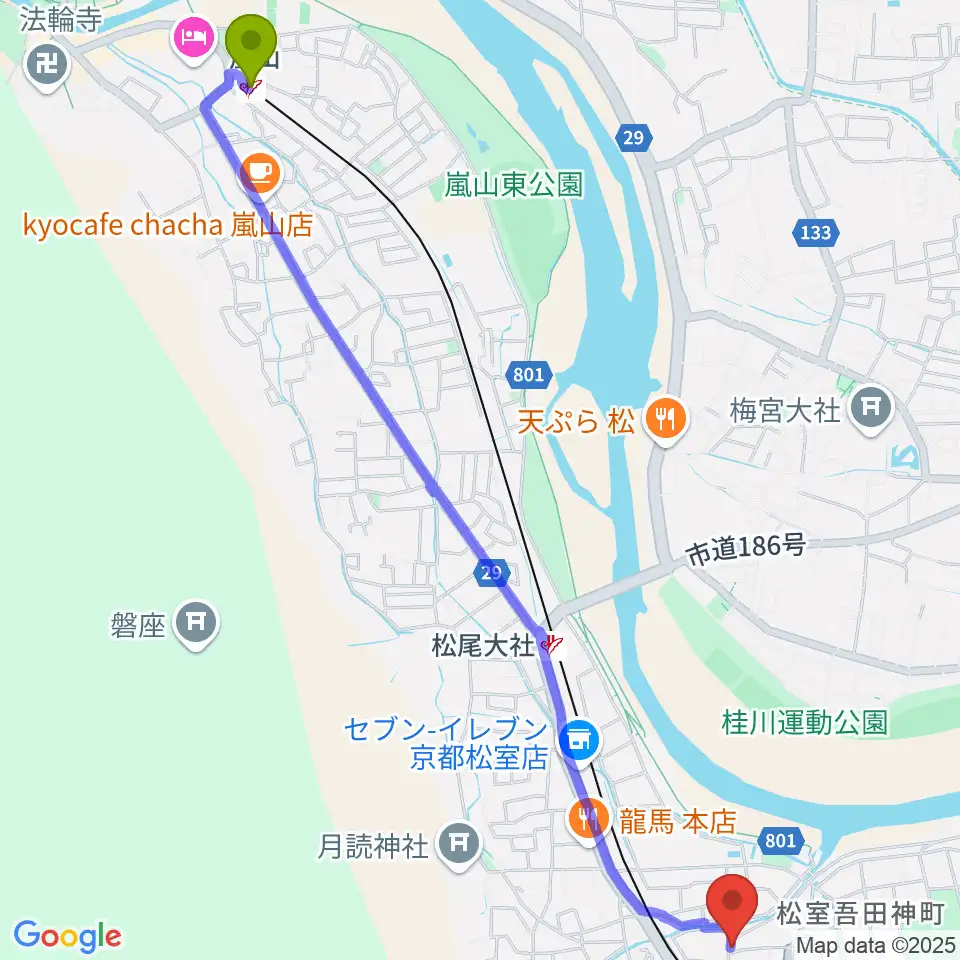 嵐山駅から有限会社 永野ピアノへのルートマップ地図