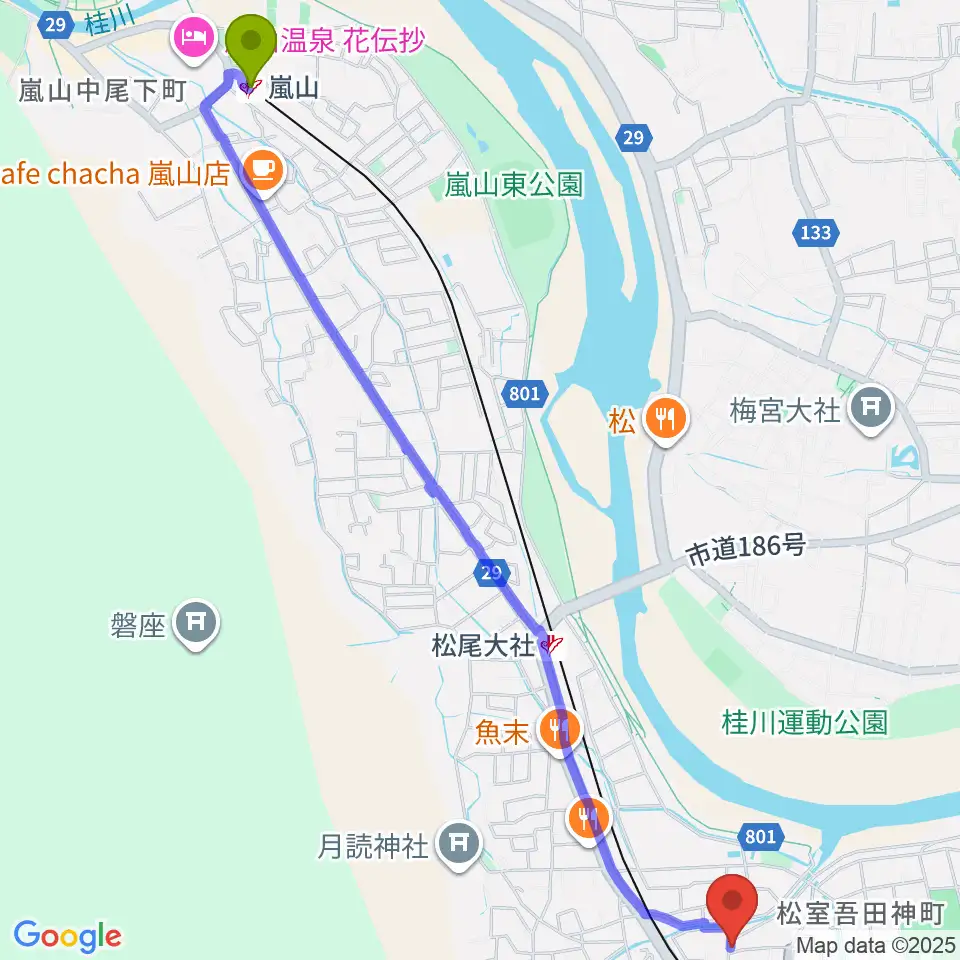 嵐山駅から有限会社 永野ピアノへのルートマップ地図