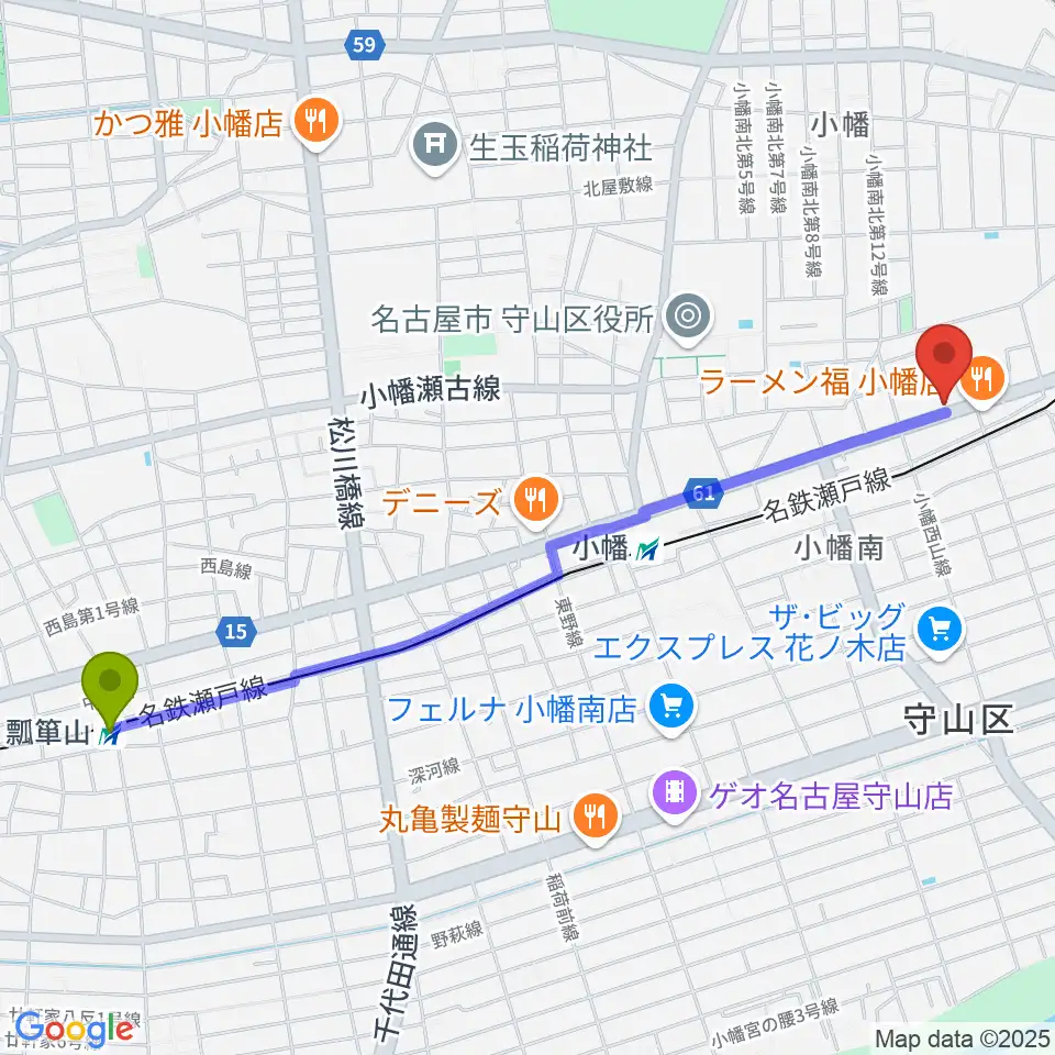 瓢箪山駅から守山音楽センター ヤマハミュージックへのルートマップ地図
