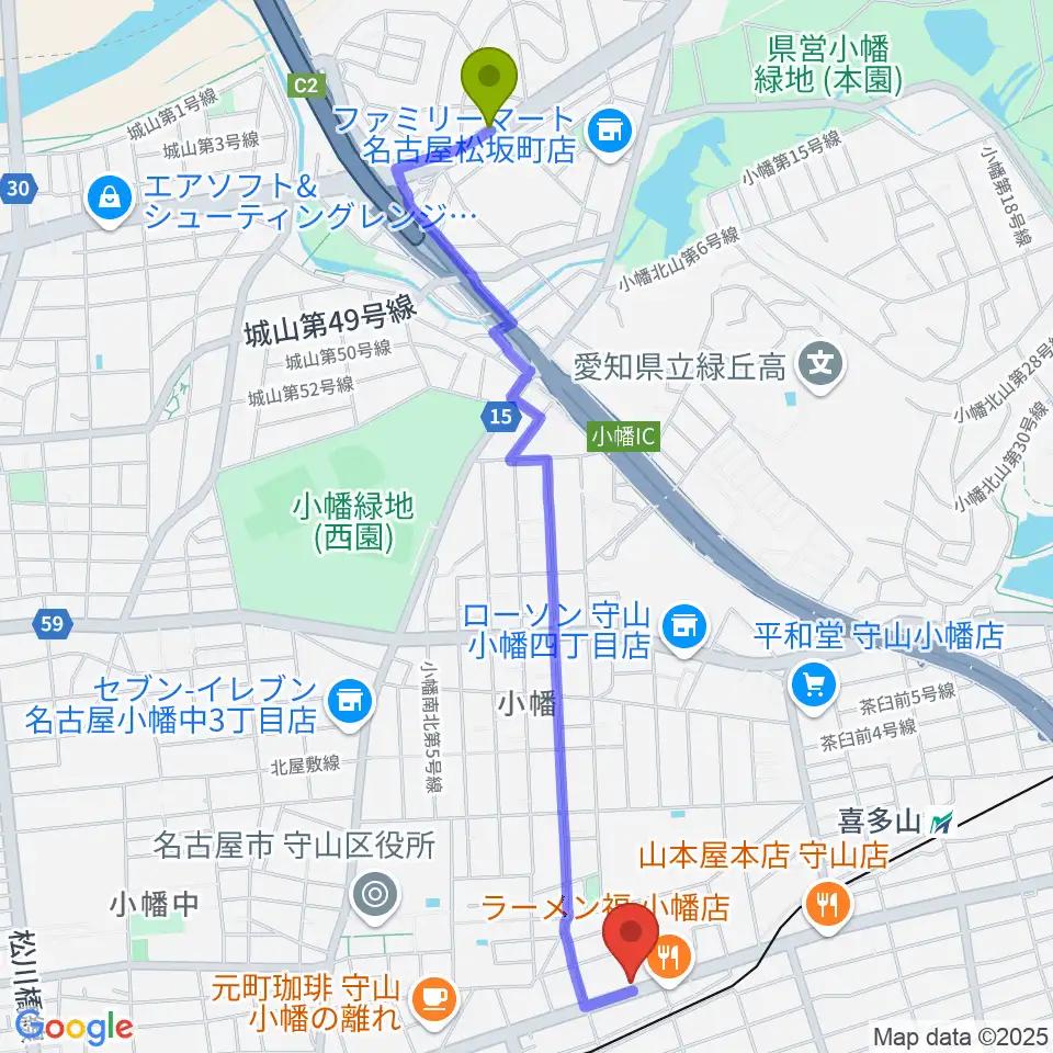 白沢渓谷駅から守山音楽センター ヤマハミュージックへのルートマップ地図