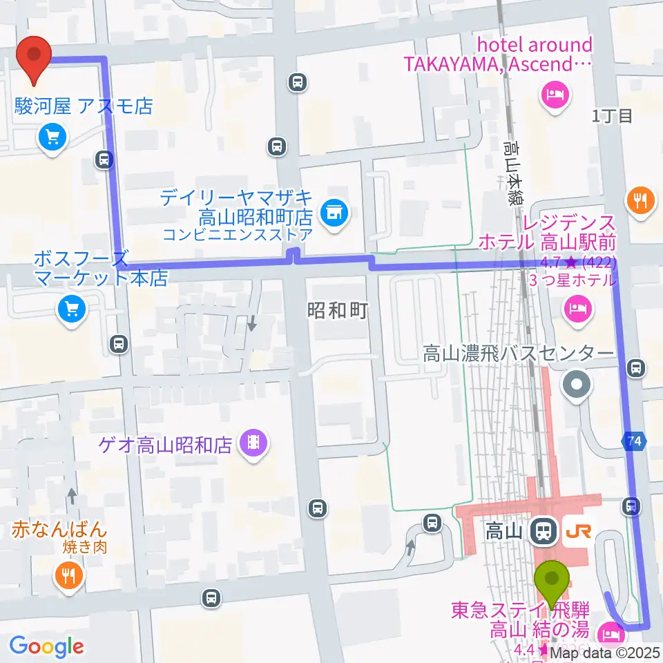 コサカ楽器 カルパティオ店の最寄駅高山駅からの徒歩ルート（約9分）地図