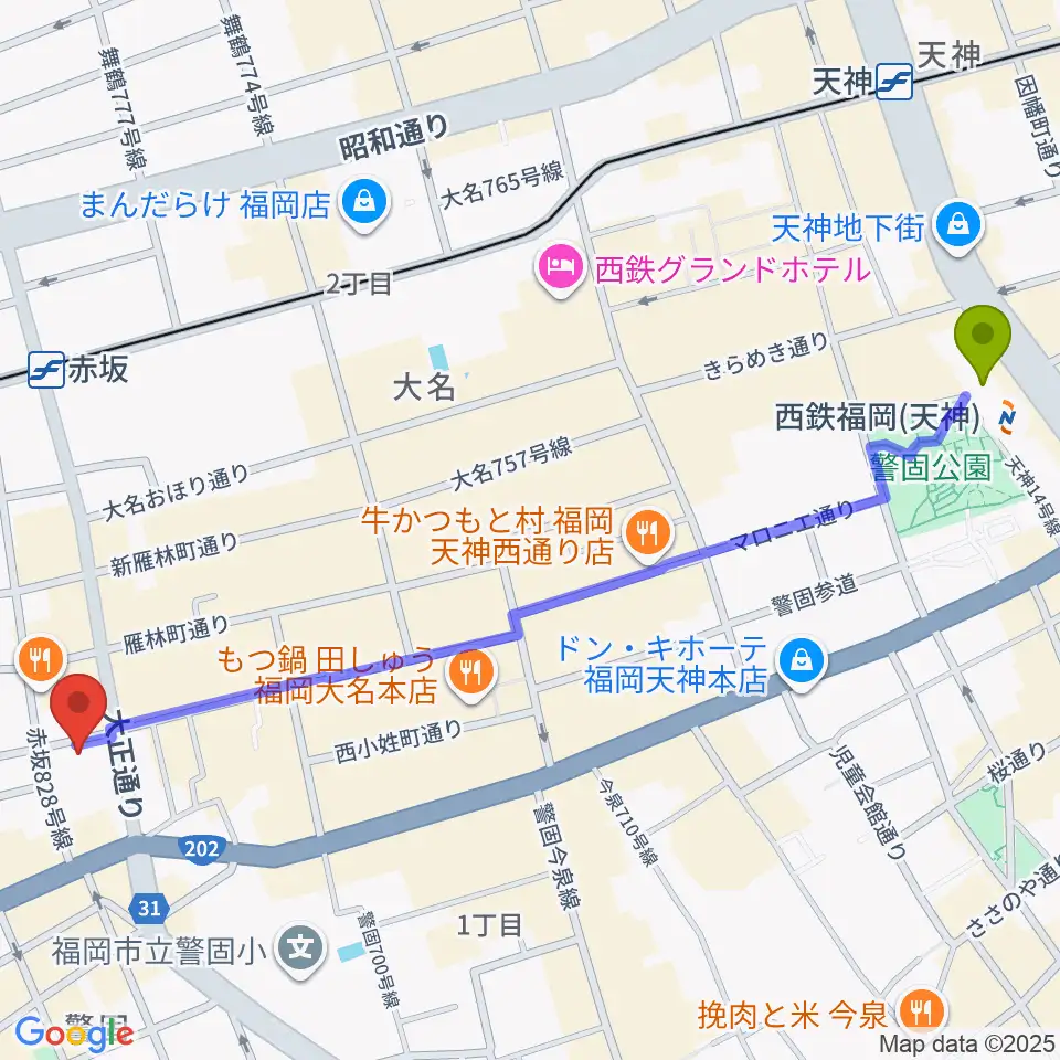 西鉄福岡（天神）駅からPenny Laneへのルートマップ地図