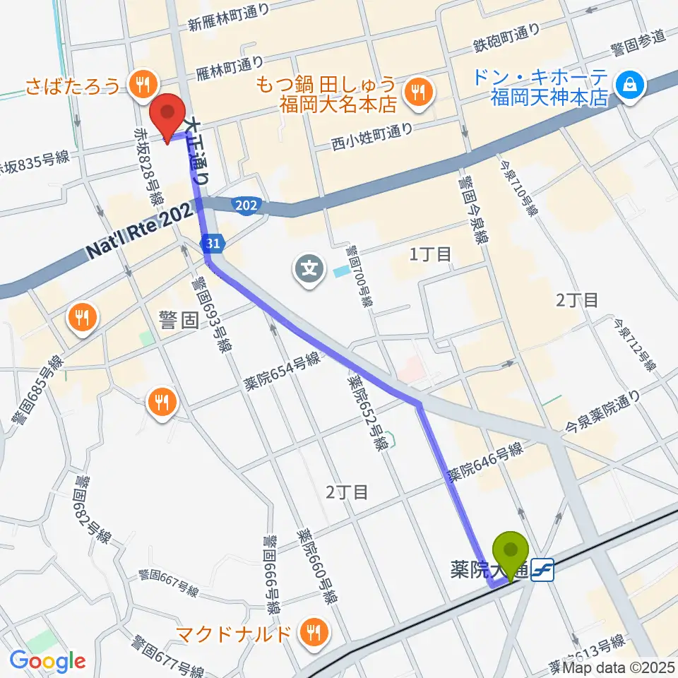 薬院大通駅からPenny Laneへのルートマップ地図