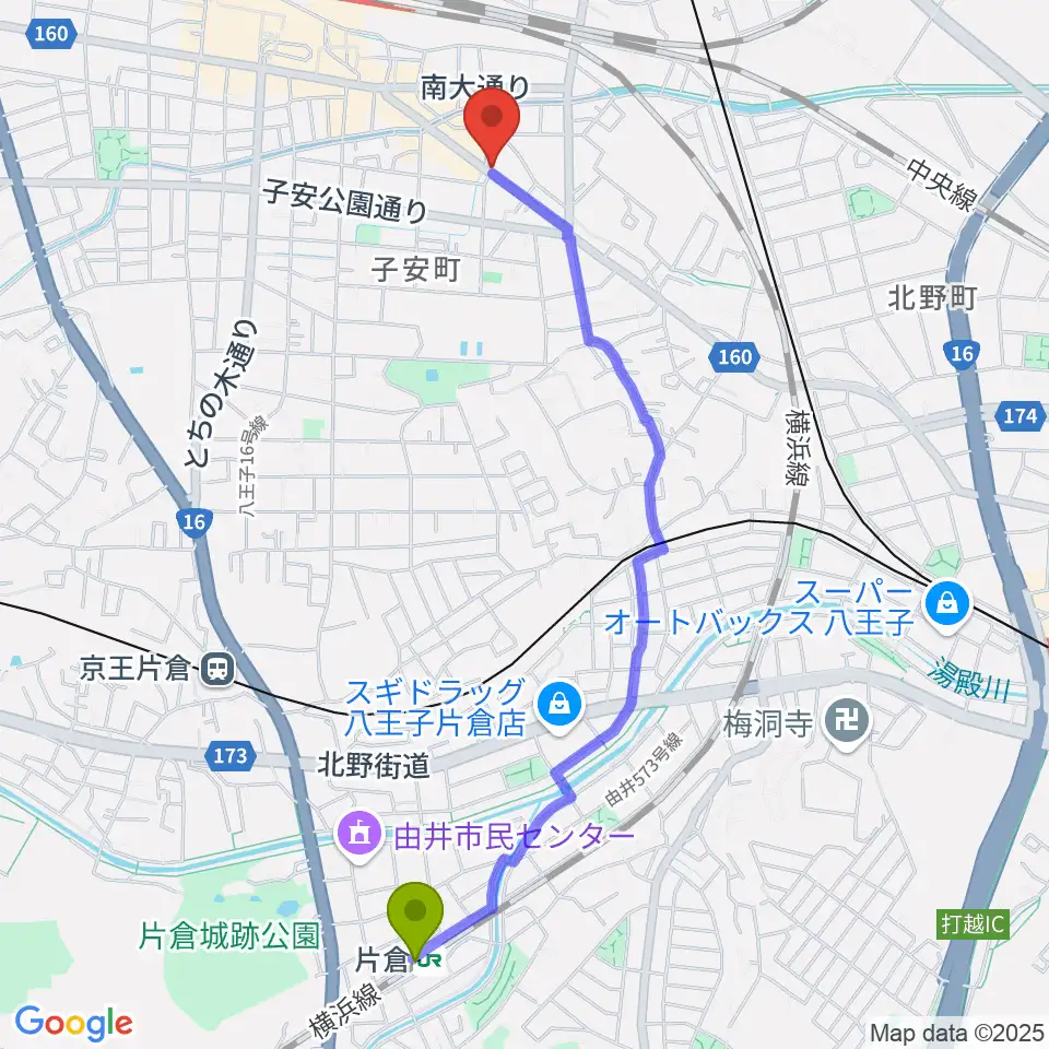 片倉駅から柴田ギタースクールへのルートマップ地図