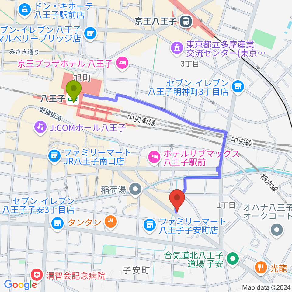 柴田ギタースクールの最寄駅八王子駅からの徒歩ルート（約8分）地図