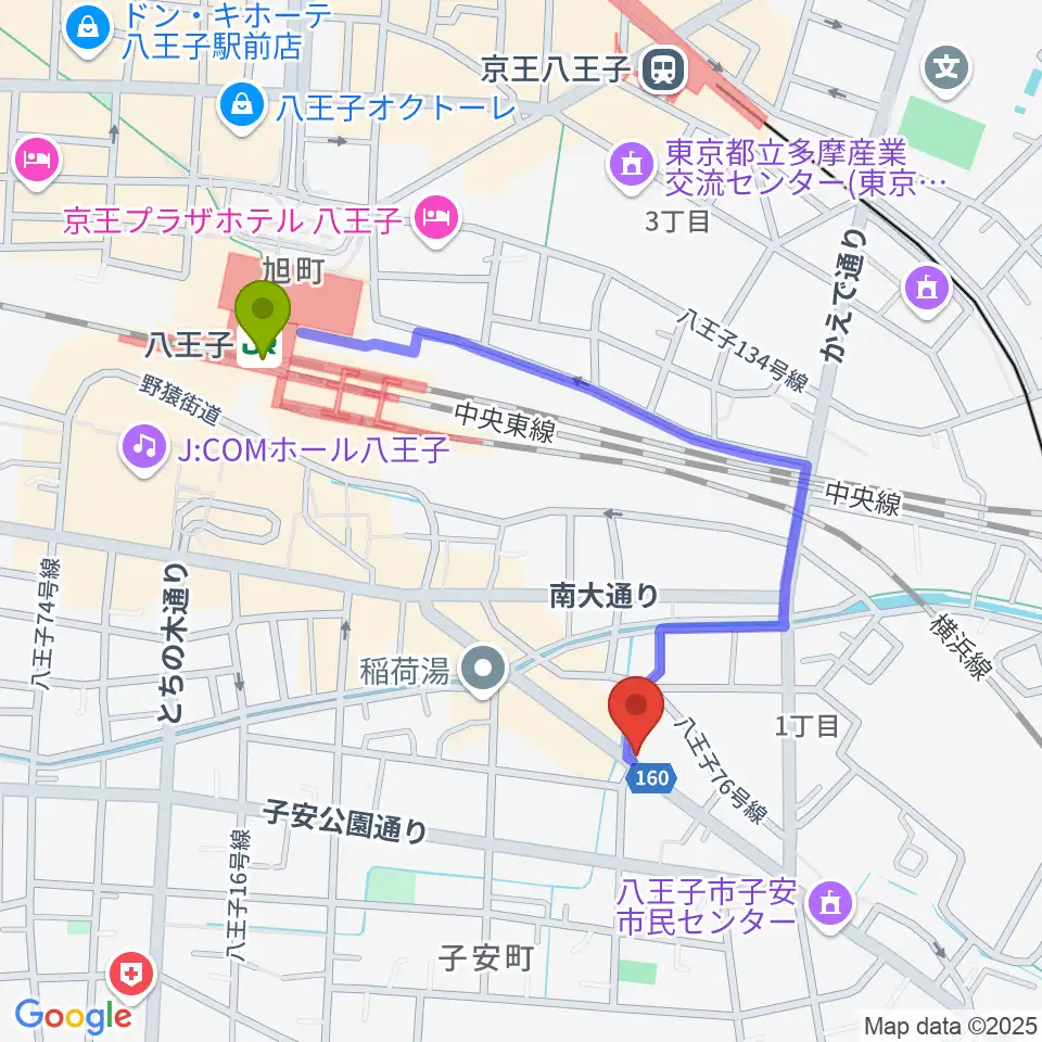 柴田ギタースクールの最寄駅八王子駅からの徒歩ルート（約8分）地図