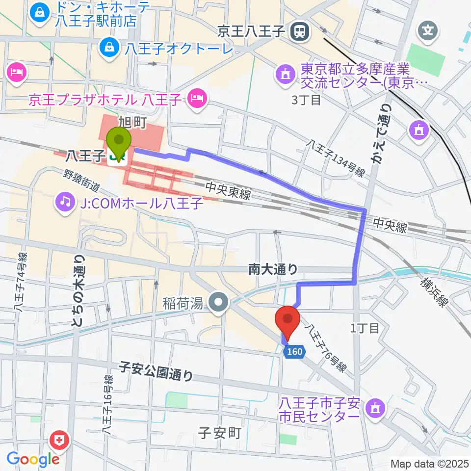 柴田ギタースクールの最寄駅八王子駅からの徒歩ルート（約8分）地図