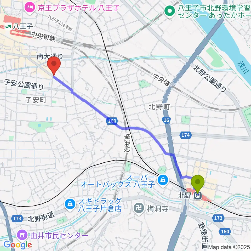 北野駅から柴田ギタースクールへのルートマップ地図