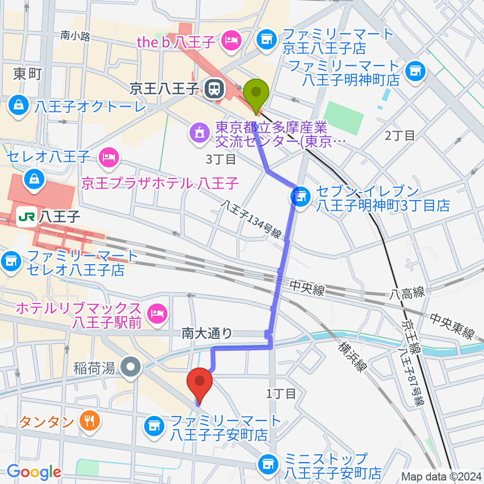 京王八王子駅から柴田ギタースクールへのルートマップ地図