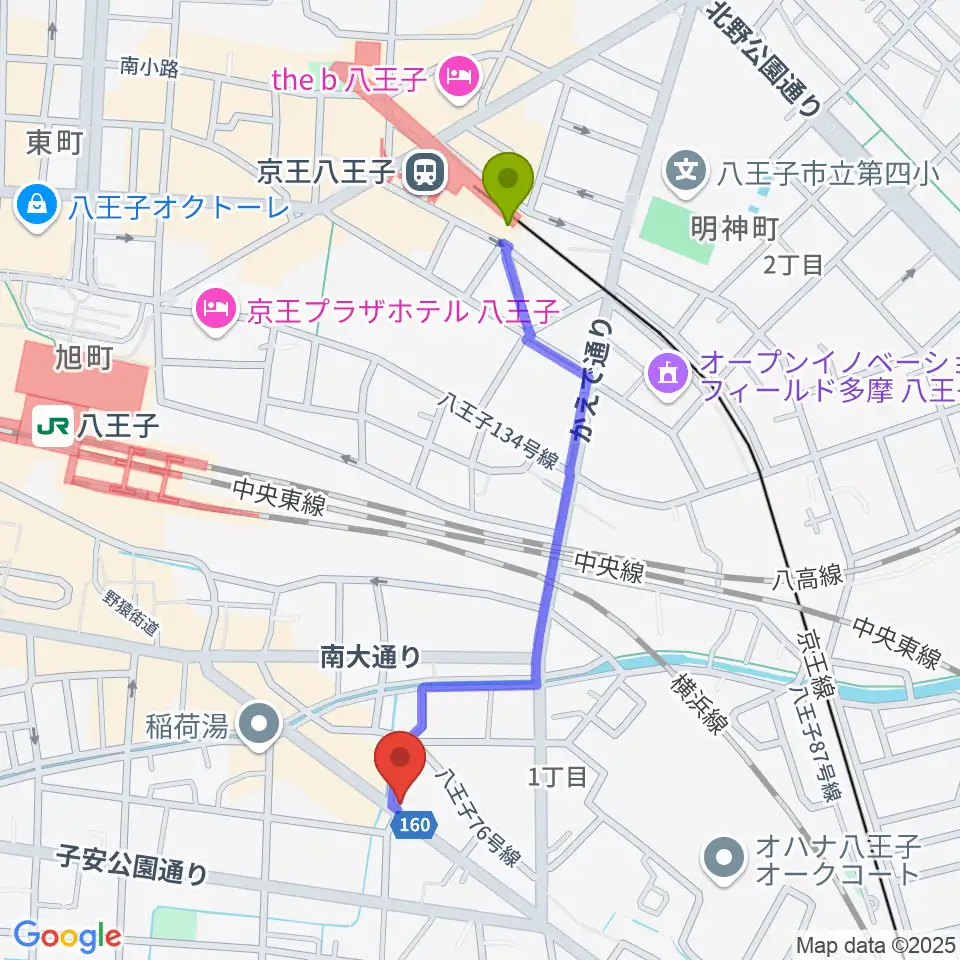 京王八王子駅から柴田ギタースクールへのルートマップ地図