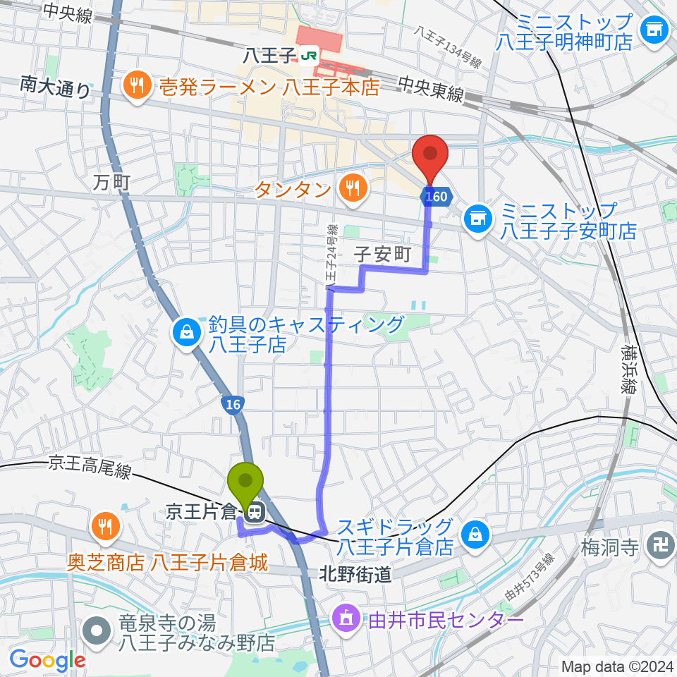 京王片倉駅から柴田ギタースクールへのルートマップ地図