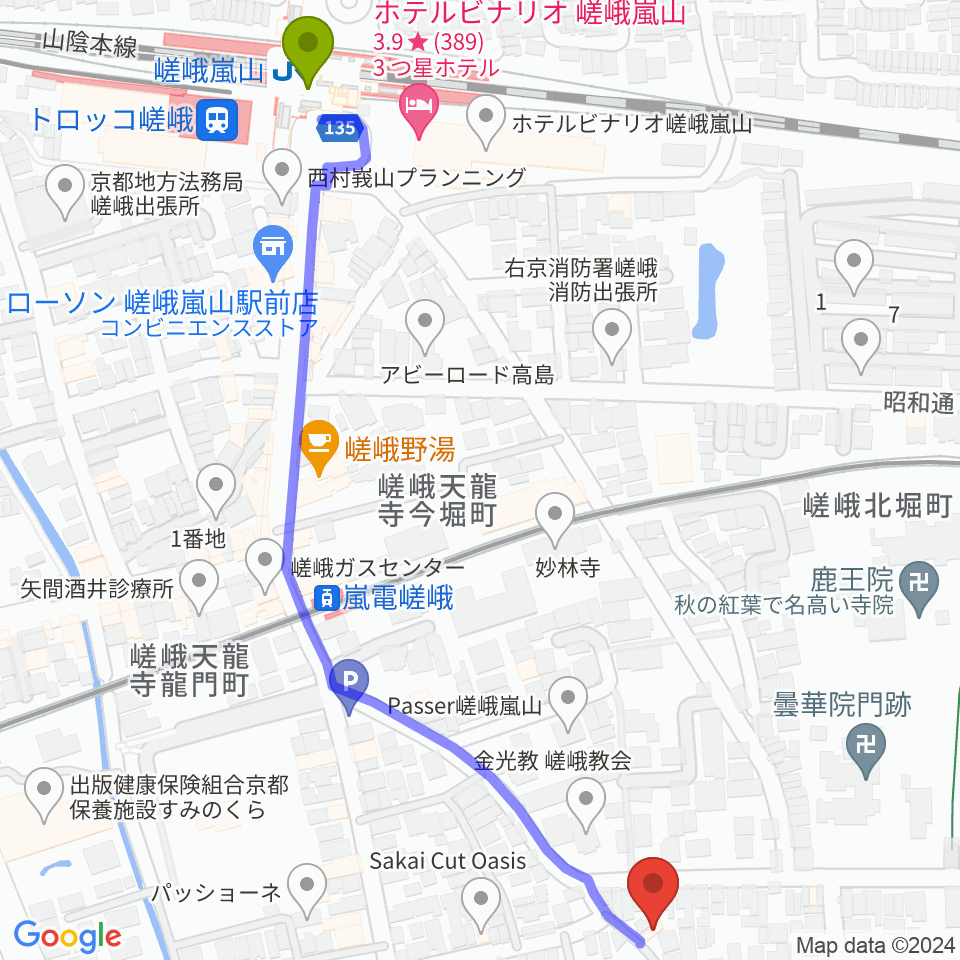 嵯峨嵐山駅からピアノヨシカワへのルートマップ地図