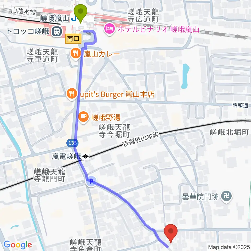 嵯峨嵐山駅からピアノヨシカワへのルートマップ地図