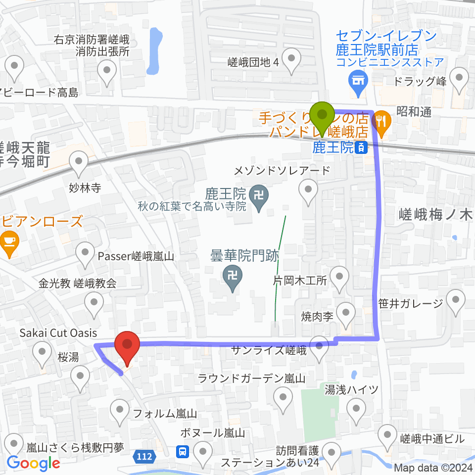 鹿王院駅からピアノヨシカワへのルートマップ地図