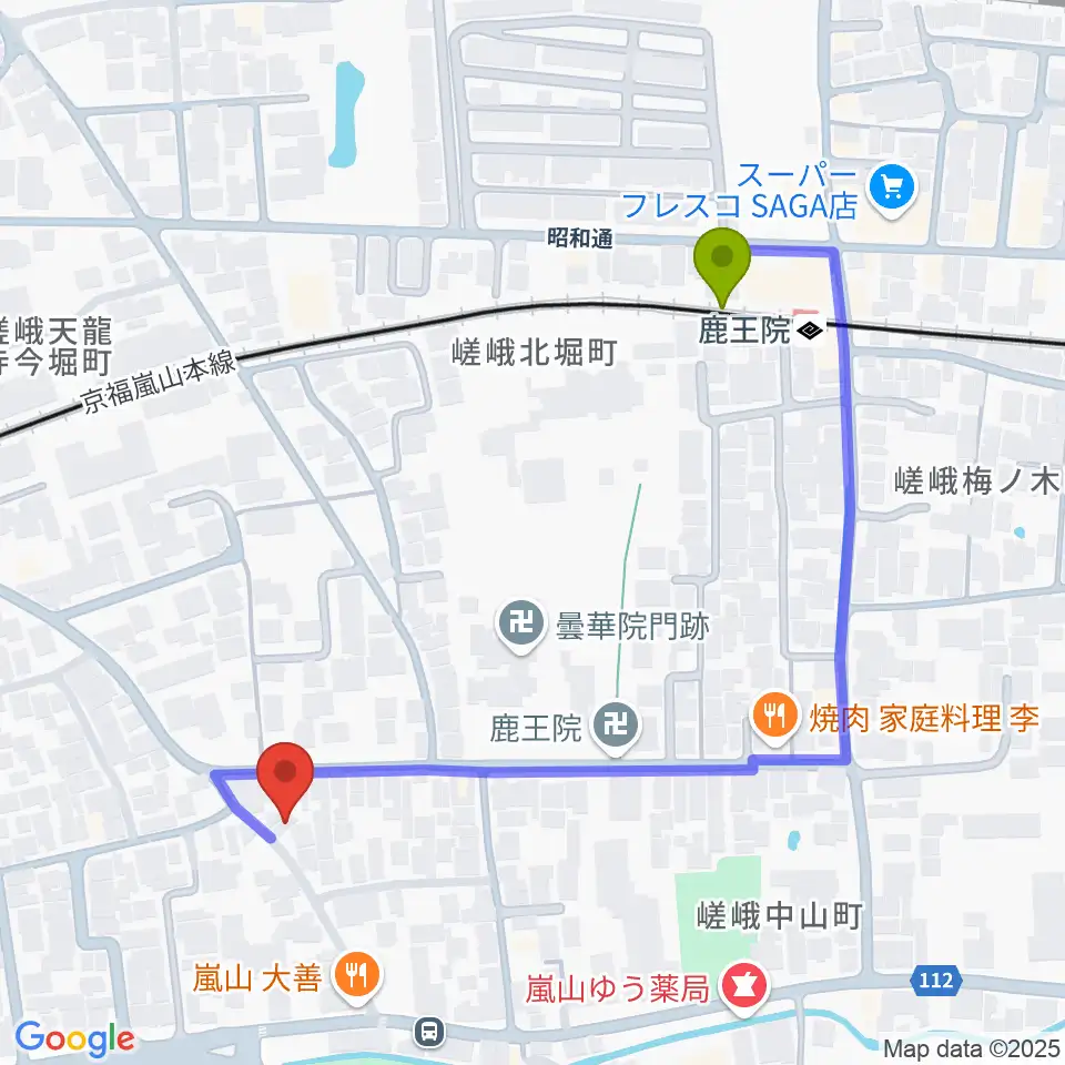 鹿王院駅からピアノヨシカワへのルートマップ地図