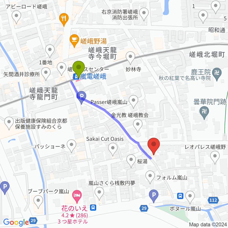 ピアノヨシカワの最寄駅嵐電嵯峨駅からの徒歩ルート（約4分）地図