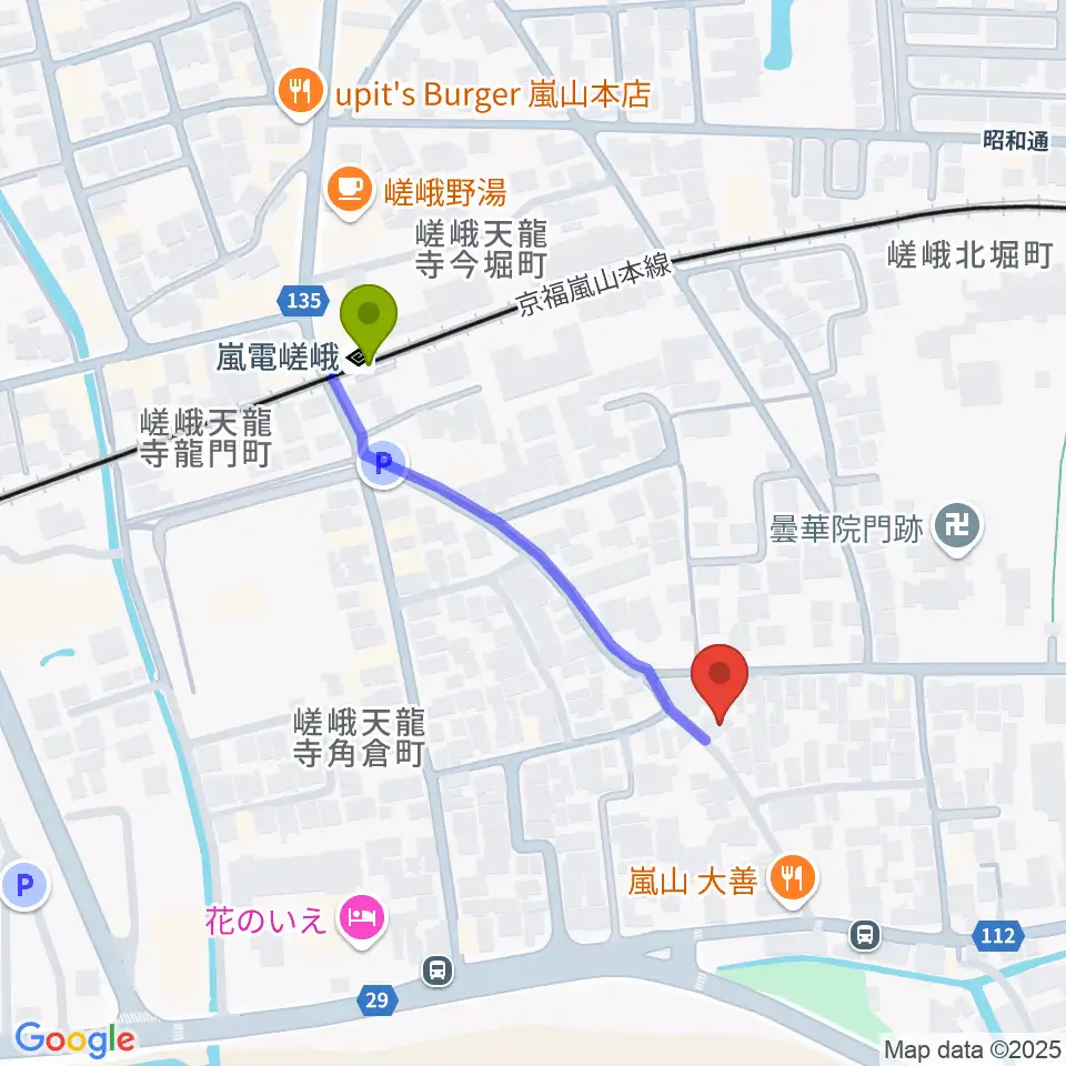 ピアノヨシカワの最寄駅嵐電嵯峨駅からの徒歩ルート（約4分）地図