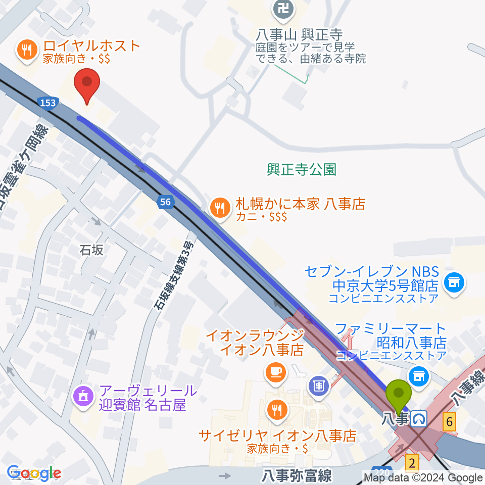 KORG STUDIO EXTREMEの最寄駅八事駅からの徒歩ルート（約7分）地図