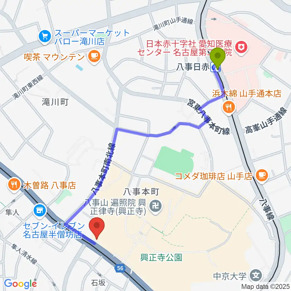 八事日赤駅からKORG STUDIO EXTREMEへのルートマップ地図