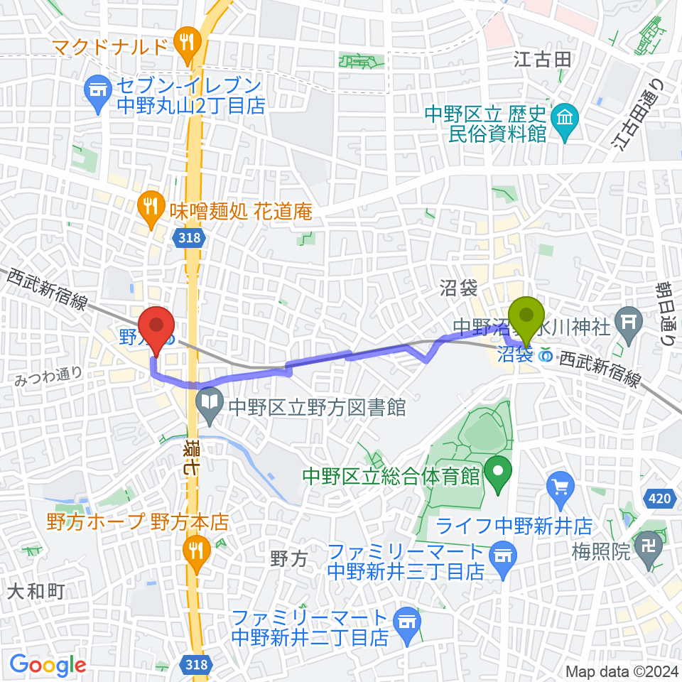 沼袋駅からIwoo NOGATAへのルートマップ地図