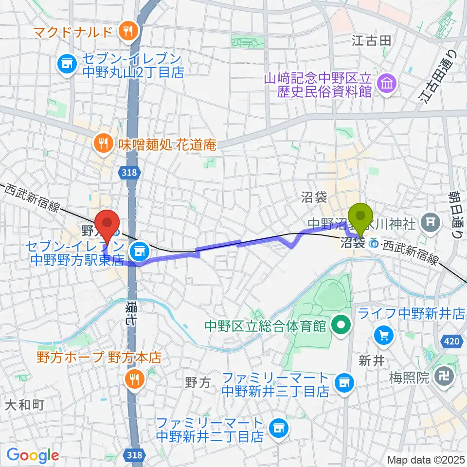 沼袋駅からIwoo NOGATAへのルートマップ地図