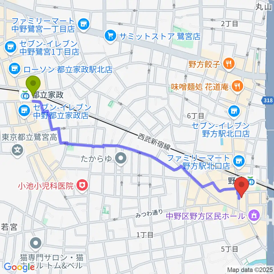 都立家政駅からIwoo NOGATAへのルートマップ地図