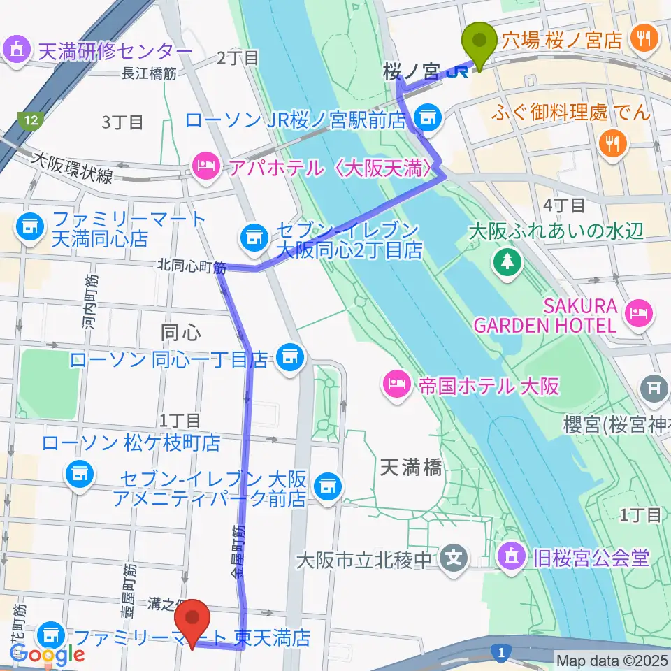 桜ノ宮駅からフレット楽器ヤマサキへのルートマップ地図